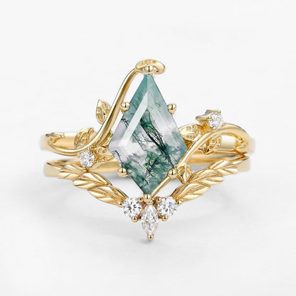 Unique Moss Agate Kite Cut Vine Engagement Ring Set