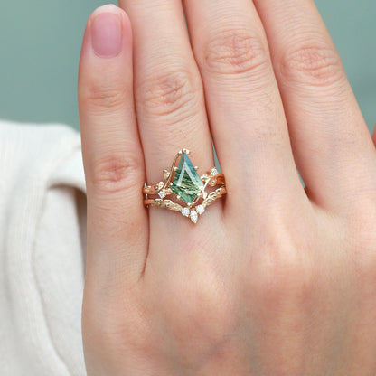 Unique Moss Agate Kite Cut Vine Engagement Ring Set