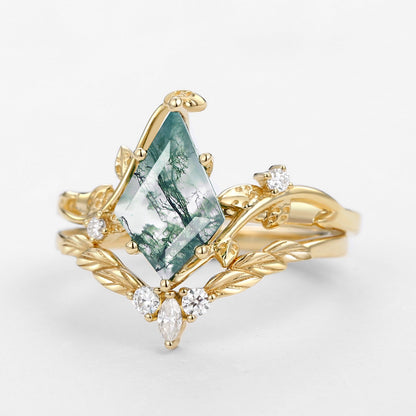 Unique Moss Agate Kite Cut Vine Engagement Ring Set