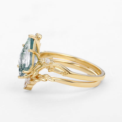 Unique Moss Agate Kite Cut Vine Engagement Ring Set