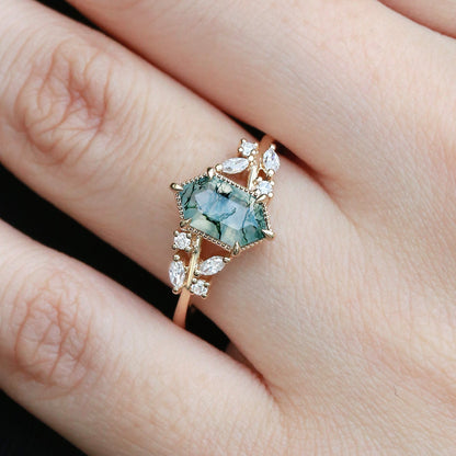 Unique floral engagement rings Hexagon Moss Agate Leafy Moissanite Vintage Engagement Ring