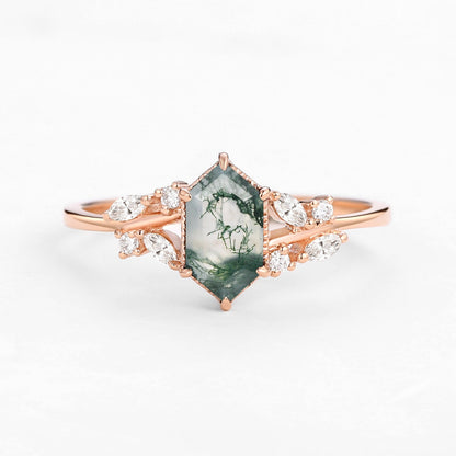 Unique floral engagement rings Hexagon Moss Agate Leafy Moissanite Vintage Engagement Ring
