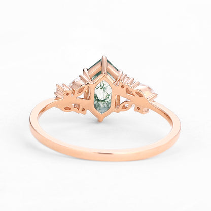 Unique floral engagement rings Hexagon Moss Agate Leafy Moissanite Vintage Engagement Ring