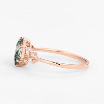 Unique floral engagement rings Hexagon Moss Agate Leafy Moissanite Vintage Engagement Ring