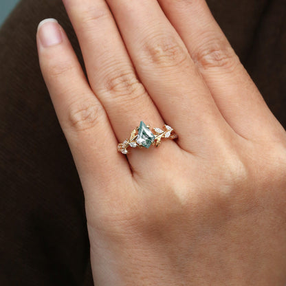 Unique Kite Cut Clear Moss Agate Leafy Engagement Ring