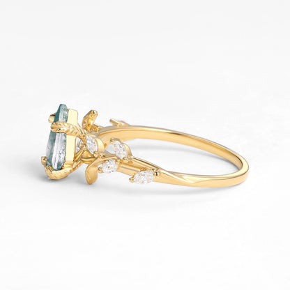 Unique Kite Cut Clear Moss Agate Leafy Engagement Ring