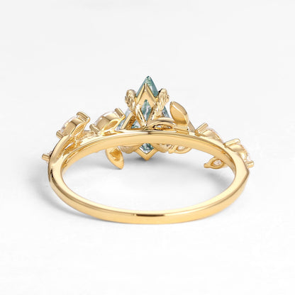 Unique Kite Cut Clear Moss Agate Leafy Engagement Ring