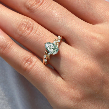 Unique Pear Cut Infinity Nature Inspired Moss Agate Ring