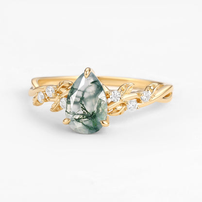 Unique Pear Cut Infinity Nature Inspired Moss Agate Ring