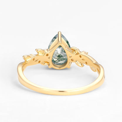 Unique Pear Cut Infinity Nature Inspired Moss Agate Ring