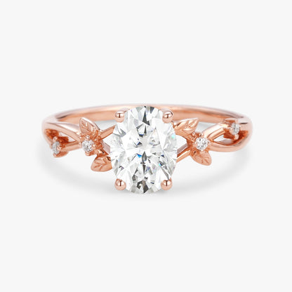 Unique Oval Cut Moissanite Leafy White Gold Ring