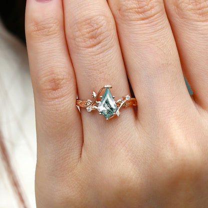 Unique Kite Cut Clear Moss Agate Leafy Engagement Ring