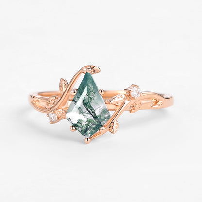 Unique Kite Cut Clear Moss Agate Leafy Engagement Ring