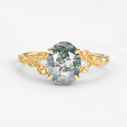 Unique Oval Shaped Moss Agate Leafy Wedding Engagement Ring