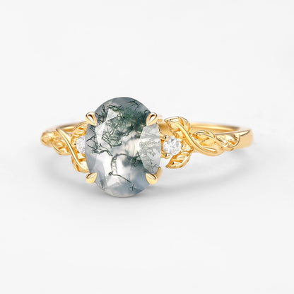 Unique Oval Shaped Moss Agate Leafy Wedding Engagement Ring