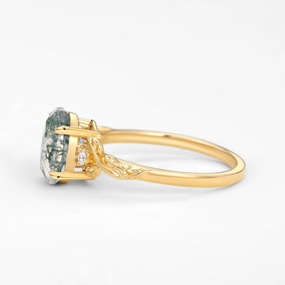 Unique Oval Shaped Moss Agate Leafy Wedding Engagement Ring