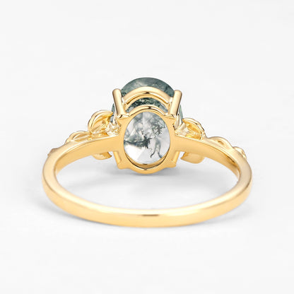 Unique Oval Shaped Moss Agate Leafy Wedding Engagement Ring