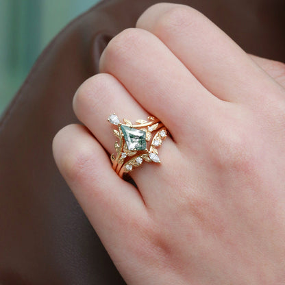 Unique Kite Cut Moss Agate Leafy Engagement Ring Set