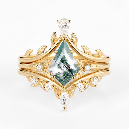 Unique Kite Cut Moss Agate Leafy Engagement Ring Set