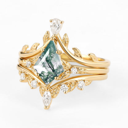 Unique Kite Cut Moss Agate Leafy Engagement Ring Set