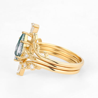 Unique Kite Cut Moss Agate Leafy Engagement Ring Set