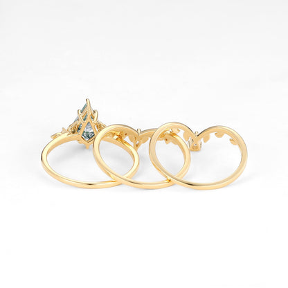 Unique Kite Cut Moss Agate Leafy Engagement Ring Set