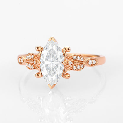 Unique floral engagement rings Marquise Moissanite Leafy Engagement Ring