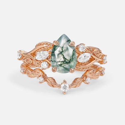 Vintage Leafy Pear Cut Moss Agate Engagement Ring Set