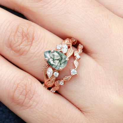 Vintage Leafy Pear Cut Moss Agate Engagement Ring Set