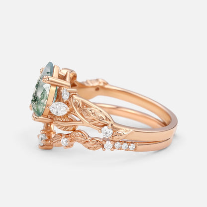 Vintage Leafy Pear Cut Moss Agate Engagement Ring Set