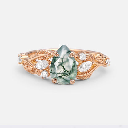 Unique Pear Shaped Moss Agate Leafy Wedding Engagement Ring