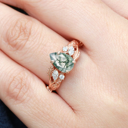 Unique Pear Shaped Moss Agate Leafy Wedding Engagement Ring