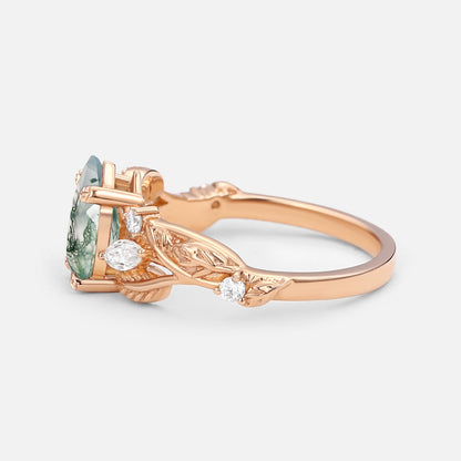 Unique Pear Shaped Moss Agate Leafy Wedding Engagement Ring