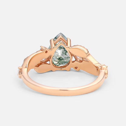 Unique Pear Shaped Moss Agate Leafy Wedding Engagement Ring