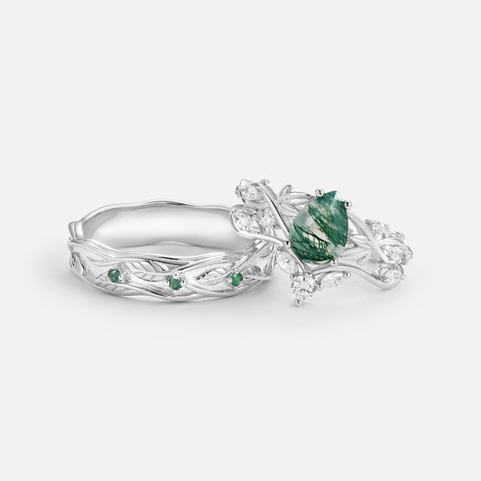 Unique Pear  Three Leaves Couple Ring Set