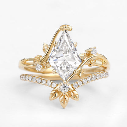 Unique floral engagement rings Kite Moissanite Leafy Engagement Ring Set Bridal Set