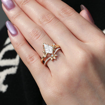 Unique floral engagement rings Kite Moissanite Leafy Engagement Ring Set Bridal Set