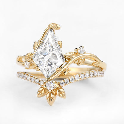 Unique floral engagement rings Kite Moissanite Leafy Engagement Ring Set Bridal Set