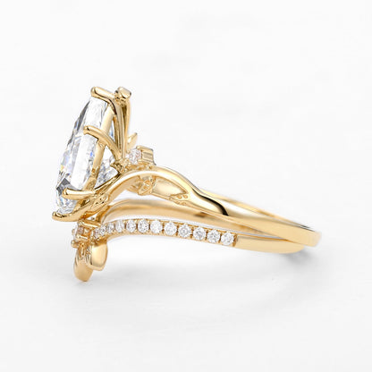 Unique floral engagement rings Kite Moissanite Leafy Engagement Ring Set Bridal Set