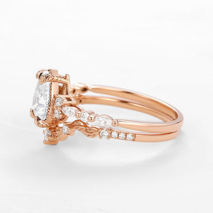 Vintage Pear Cut Moissanite Leafy Ring Set