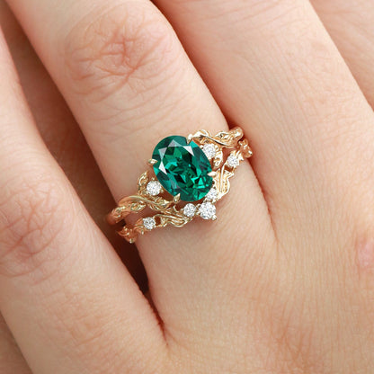 Unique floral engagement rings Oval Lab Emerald Leaf Branch Engagement Ring Set