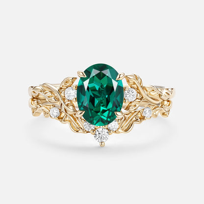 Unique floral engagement rings Oval Lab Emerald Leaf Branch Engagement Ring Set