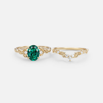 Unique floral engagement rings Oval Lab Emerald Leaf Branch Engagement Ring Set
