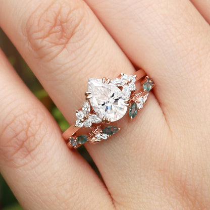 Unique Pear Shaped Moissanite Leafy Chevron Gold Ring Set