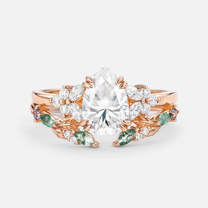Unique Pear Shaped Moissanite Leafy Chevron Gold Ring Set