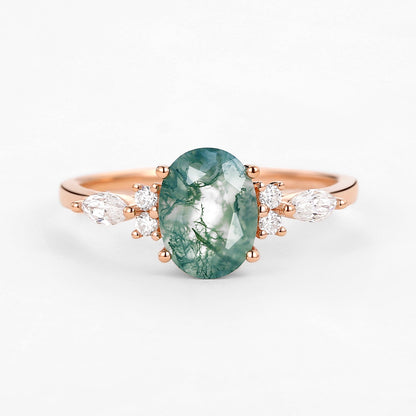 Unique Oval Moss Agate Classic Engagement Ring