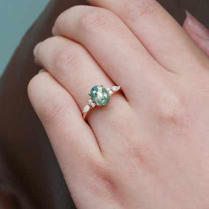 Unique Oval Moss Agate Classic Engagement Ring