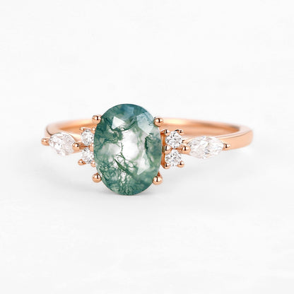 Unique Oval Moss Agate Classic Engagement Ring