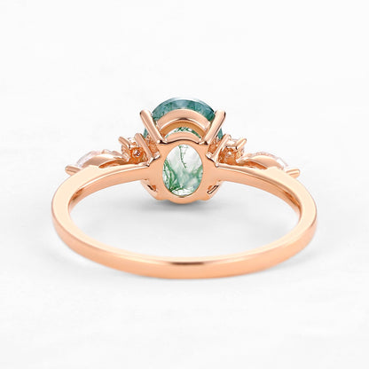 Unique Oval Moss Agate Classic Engagement Ring