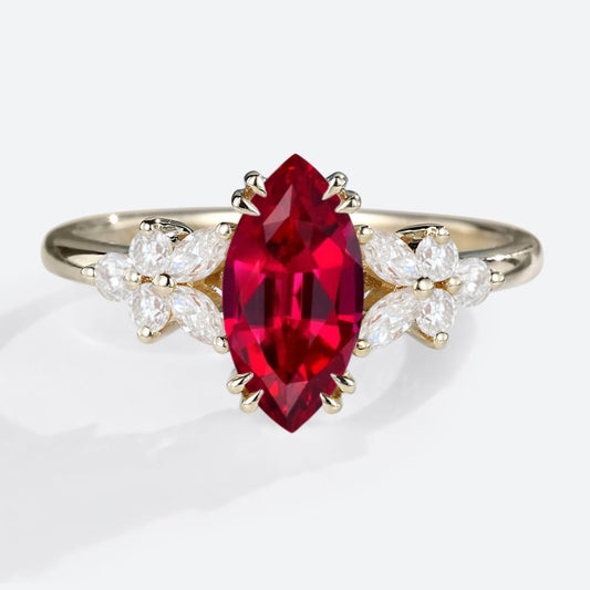 Unique Marquise Lab Ruby Engagement Ring Floral Elegance Bridal Ring